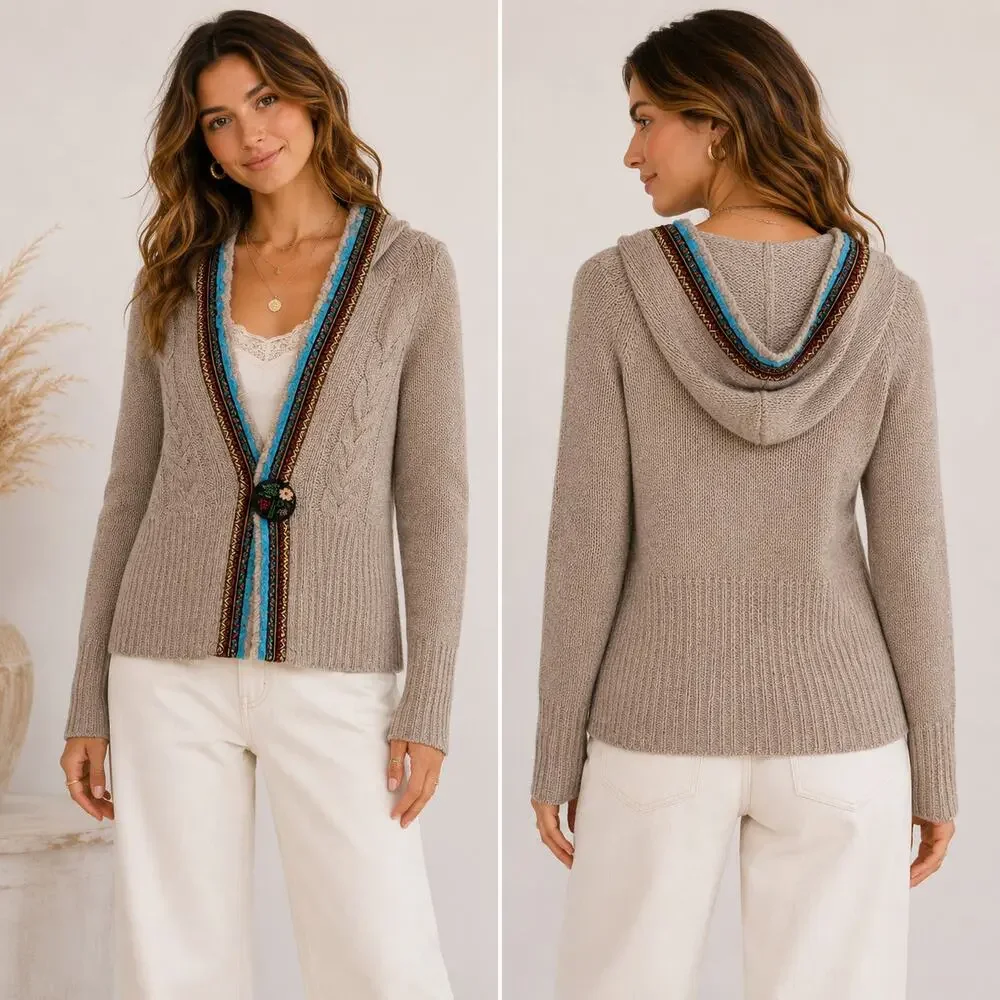 Free People Hooded Cardigan Women's Size M Cable-Knit Tan Lace Floral Cottage